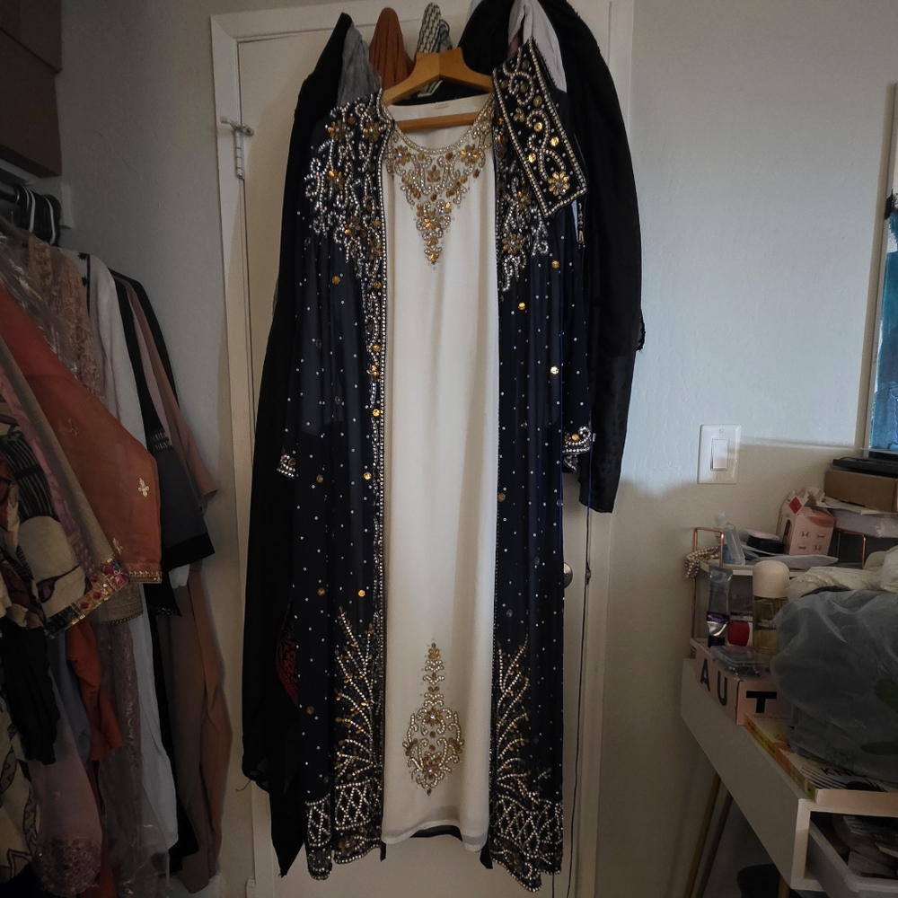 Elegant Embellished Blue and White Kaftan Embroidered Dress By Coverd Bliss